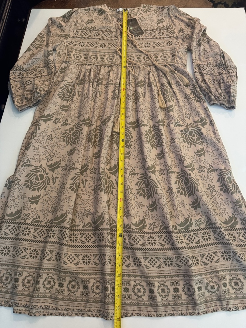R. Vivimos Cream& Sage Bohemian Floral Flowy Midi Dress, Lightweight Comfy! - Picture 15 of 16